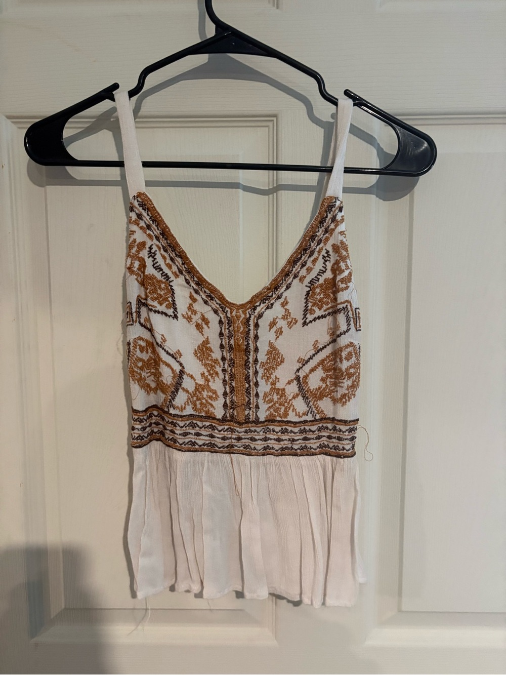 White Boho Embroidered Tank Top with Mustard Accents